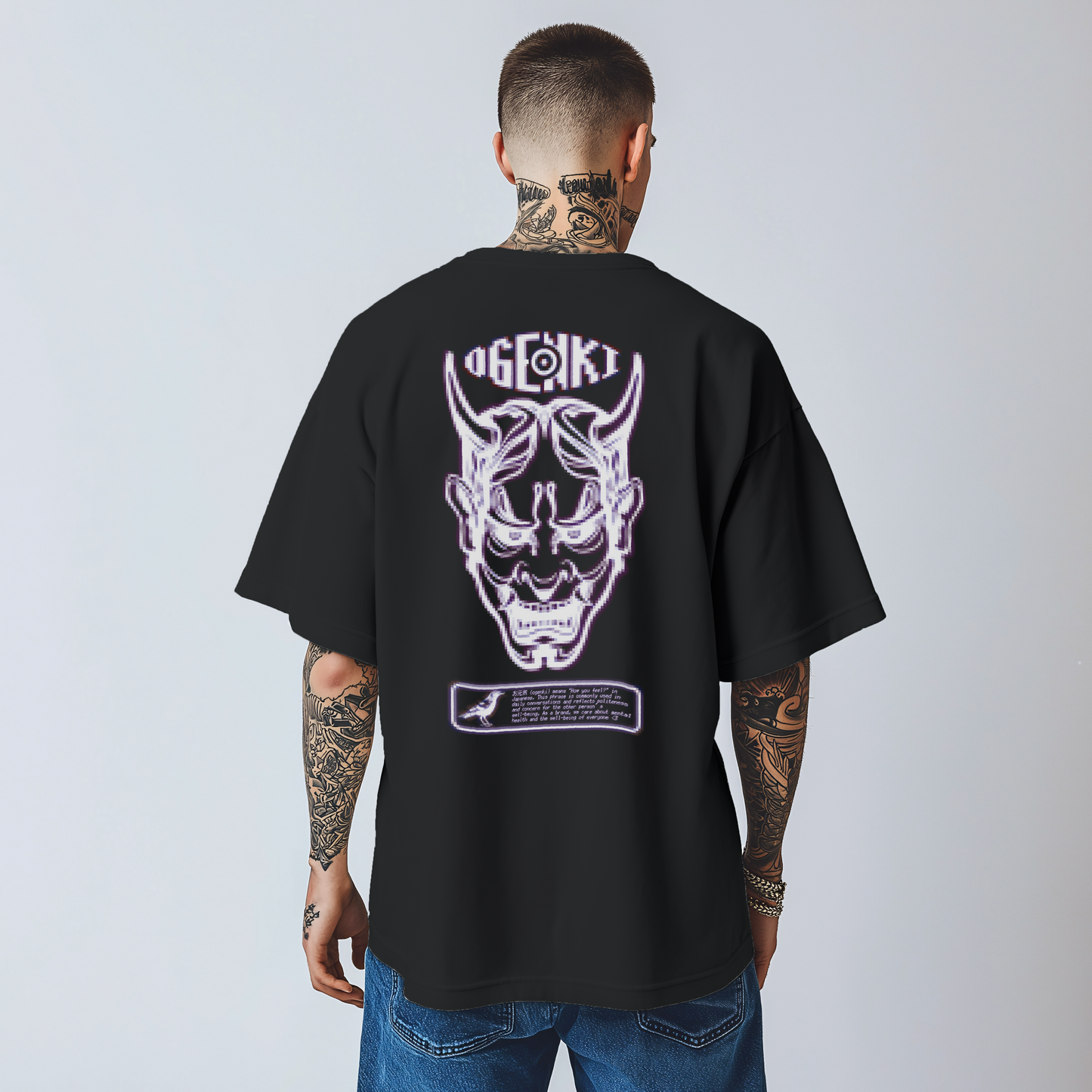 Ogenki THE RETR0 – White Oni Mask Graphic Tee | Japanese Folklore-Inspired Pixel Art T-Shirt | Streetwear Fit & Mental Health Symbolism