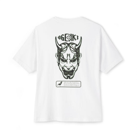 Ogenki THE RETR0 – White Oni Mask Graphic Tee | Japanese Folklore-Inspired Pixel Art T-Shirt | Streetwear Fit & Mental Health Symbolism
